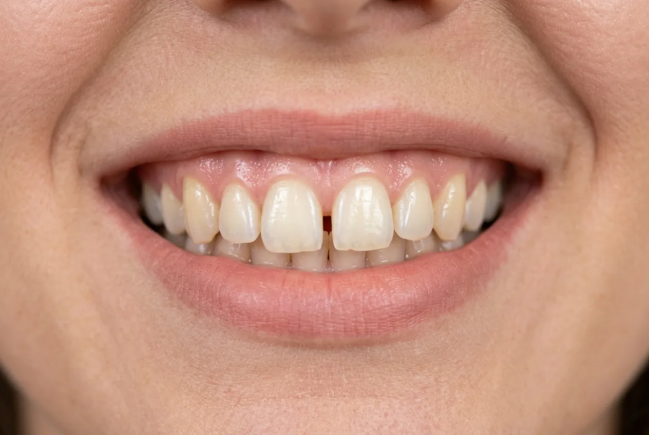 Smile showing a gap between the two upper front teeth